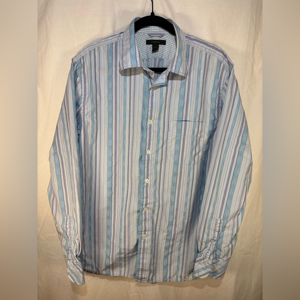 Express Shirt Light Blue and White Striped Long Sleeve Mens Large